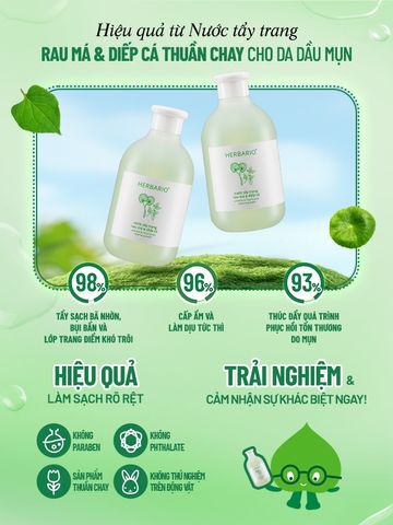 Nước tẩy trang Rau Má & Diếp Cá Herbario 300ml thuần chay cho da mụn, da dầu