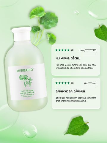 Nước tẩy trang Rau Má & Diếp Cá Herbario 300ml thuần chay cho da mụn, da dầu