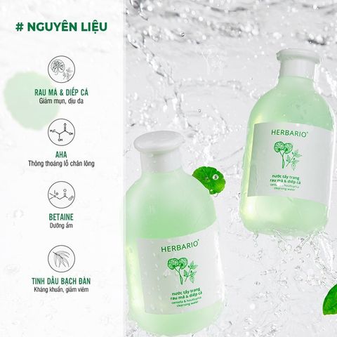 Nước tẩy trang Rau Má & Diếp Cá Herbario 300ml thuần chay cho da mụn, da dầu chính hãng