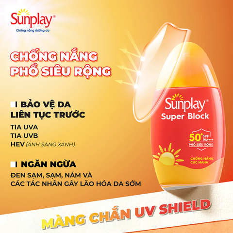Kem Chống Nắng Sunplay Super Block SPF50+ PA++++ – Bảo Vệ Da Mặt Và Toàn Thân, Không Cồn, Siêu Kháng Nước, Dành Cho Hoạt Động Ngoài Trời