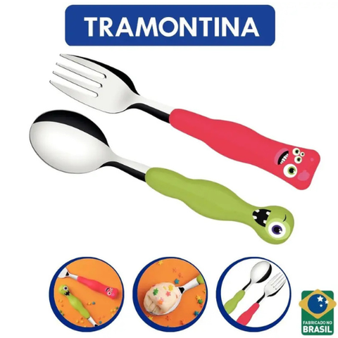 Bộ Thìa Dĩa Trẻ Em 2 Món Tramontina Chất Thép Không Gỉ Cán Nhựa PP Brazil 23797