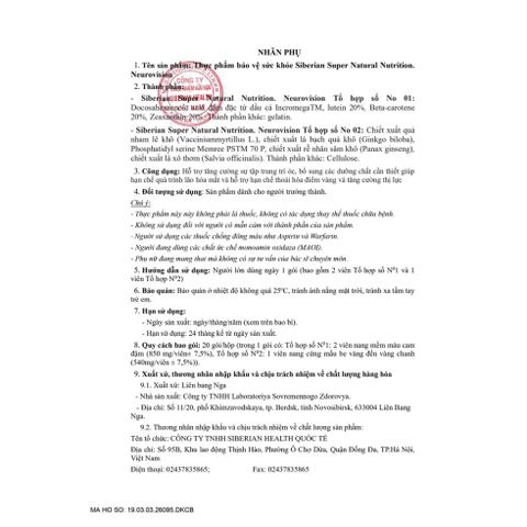 [ Siêu mắt não neuro vision - Siberian ] Thực phẩm bảo vệ sức khỏe Siberian Super Natural Nutrition Neurovision – 20 t