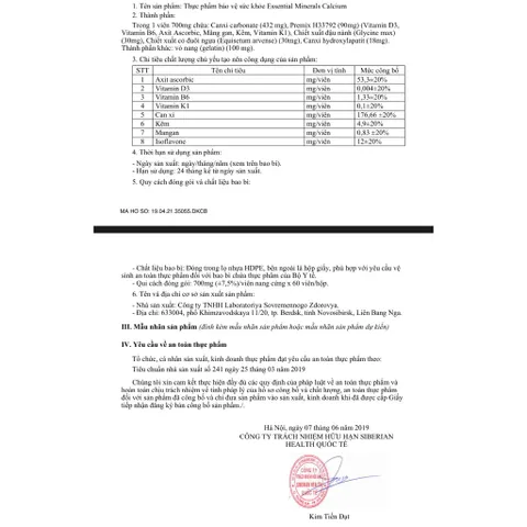 [ Canxi - Siberian ] Thực phẩm SIBERIAN  Minerals Calcium, bổ sung canxi, Hỗ trợ phát triển của xương và răng