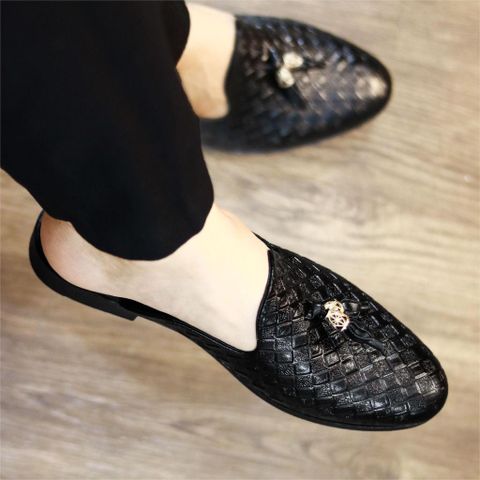 Giầy in caro hở gót da mềm DAVINCIA, Sục nam mùa hè giá rẻ đế cao su đúc nguyên khối cao 3cm chống trơn trượt có khâu G2 653487