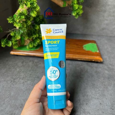 [Nhập khẩu] Kem chống nắng Cancer Council Sport Sunscreen Dry Touch & Sweat Resistant Lotion With Dry Move SPF50+ 110ml.