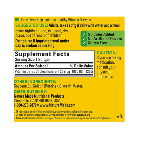Viên uống bổ sung Vitamin D3 Nature Made D3 1000 IU - 650 viên hỗ trợ xương chắc khỏe, không gluten