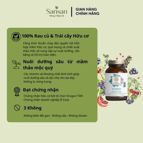 TPBVSK Vitamin tổng hợp hữu cơ Pure Synergy PureNatal tiền sản & thai 120 viên - Nội địa Mỹ