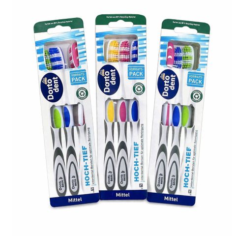 Bàn chải Dontodent Hoch-Tief Mittel 3 cái lông trung bình Đức