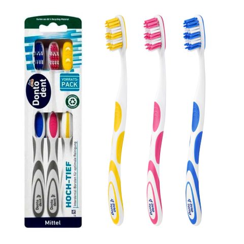Bàn chải Dontodent Hoch-Tief Mittel 3 cái lông trung bình Đức