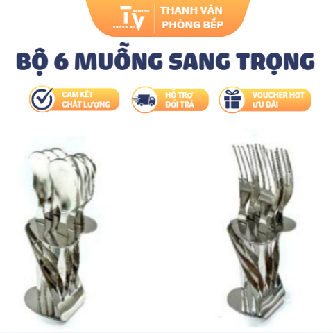 BỘ 6 MUỖNG, NĨA INOX 304 VÀ GIÁ ĐỠ ĐỂ BÀN (TV1527)