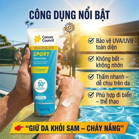 Kem Chống Nắng Thể Thao SPF50+ Cancer Council Sport 110ml Khô Ráo Chống Nước Ngoài Trời Kháng Mồ Hôi