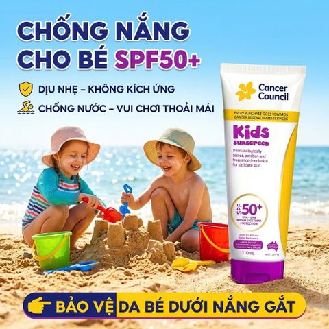 Kem Chống Nắng Cho Bé Cancer Council Kids SPF50+ 110ml Dịu Nhẹ Chống Nước Không Hương Liệu Cho Da Bé