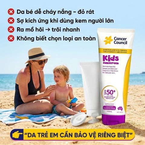 Kem Chống Nắng Cho Bé Cancer Council Kids SPF50+ 110ml Dịu Nhẹ Chống Nước Không Hương Liệu Cho Da Bé