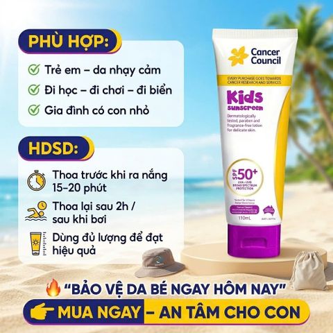 Kem Chống Nắng Cho Bé Cancer Council Kids SPF50+ 110ml Dịu Nhẹ Chống Nước Không Hương Liệu Cho Da Bé