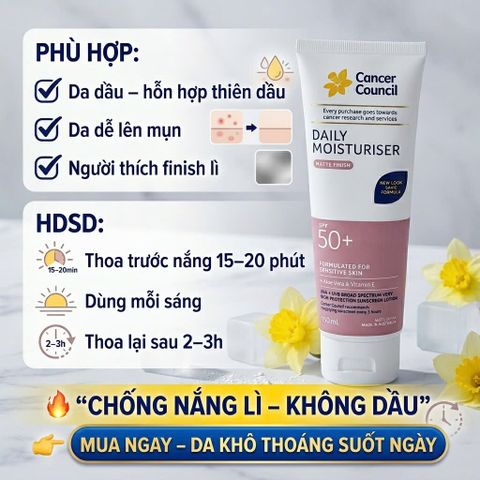 Kem Chống Nắng Kiềm Dầu Cancer Council Daily Moisturiser Matte Finish SPF50+ 150ml Lì Ráo