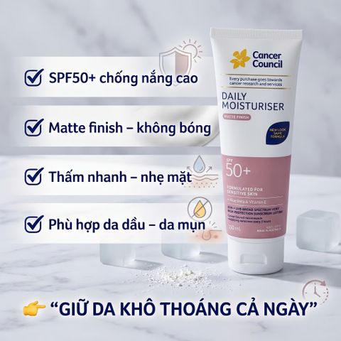Kem Chống Nắng Kiềm Dầu Cancer Council Daily Moisturiser Matte Finish SPF50+ 150ml Lì Ráo