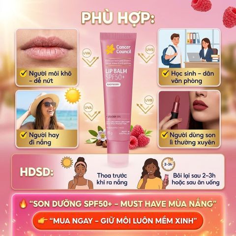 Son Dưỡng Môi Chống Nắng Cancer Council Lip Balm SPF50+ Raspberry 15g Chống UV Dưỡng Ẩm