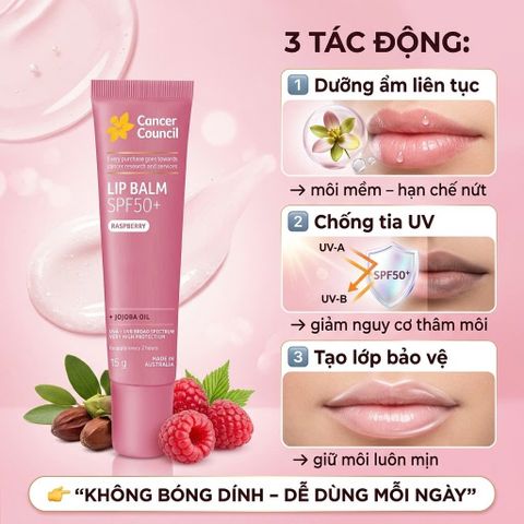 Son Dưỡng Môi Chống Nắng Cancer Council Lip Balm SPF50+ Raspberry 15g Chống UV Dưỡng Ẩm