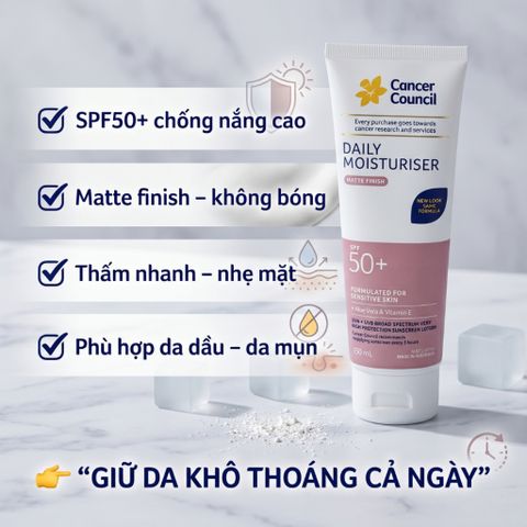 Kem Chống Nắng Kiềm Dầu Cancer Council Daily Moisturiser Matte Finish SPF50+ 150ml Lì Ráo 656745