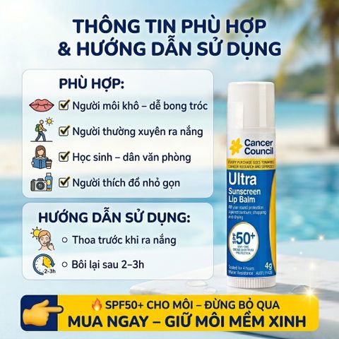 Son Dưỡng Môi Chống Nắng Cancer Council Ultra Sunscreen Lip Balm SPF50+ 4g Bảo Vệ Môi Khỏi UV 656750