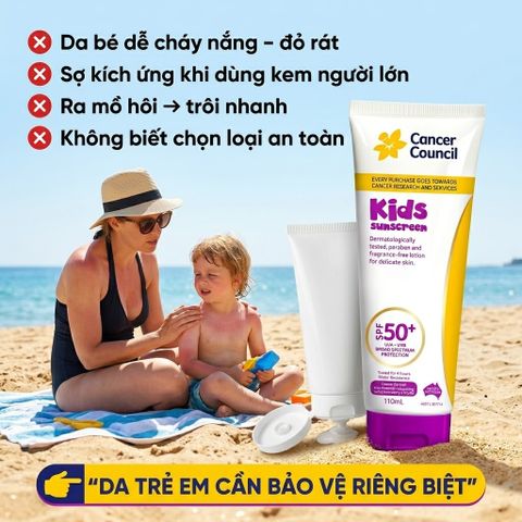 Kem Chống Nắng Cho Bé Cancer Council Kids SPF50+ 110ml Dịu Nhẹ Chống Nước Không Hương Liệu Cho Da Bé 656752