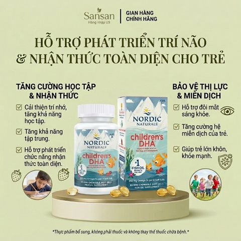 TPBVSK Viên nhai Nordic Naturals Children's DHA vị dâu 90 viên & 120 viên cho bé 3+ tuổi - Nội địa Mỹ