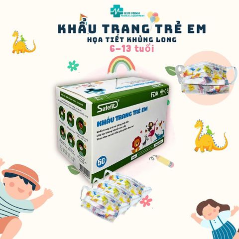 [Quai Vải không đau tai Trẻ 6-13 Tuổi] Hộp 50 khẩu trang 3 Lớp y tế trẻ em Safefit hoạ tiết khủng long tiêu chuẩn FDA
