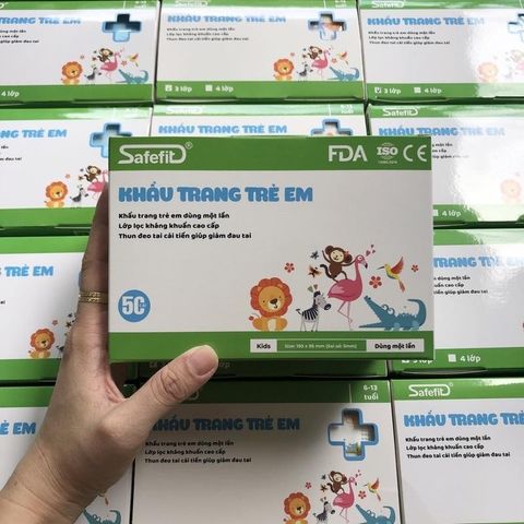 [Quai Vải không đau tai Trẻ 6-13 Tuổi] Hộp 50 khẩu trang 3 Lớp y tế trẻ em Safefit hoạ tiết khủng long tiêu chuẩn FDA
