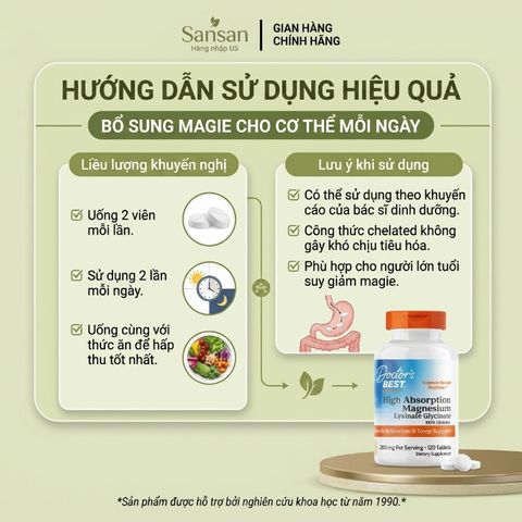 TPBVSK Viên uống Magie Doctor's Best High Absorption Magnesium Lysinate Glycinate 100mg, 120 viên - Nội địa Mỹ