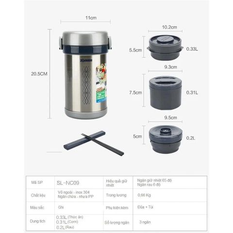 Hộp cơm giữ nhiệt 3 ngăn Zojirushi SL-NC09-ST 0.84L sản xuất tại Thái Lan, bảo hành giữ nhiệt 1 năm