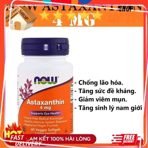 Viên uống ASTAXANTHIN viên chống oxy hoá Trẻ hoá cơ thể chống lão hoá NOW Astaxanthin 4mg