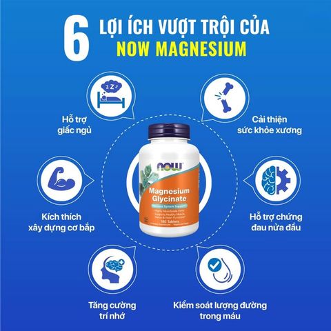 Viên NOW Magnesium Glycinate bổ sung magie hỗ trợ sức khỏe tim mạch, giảm stress