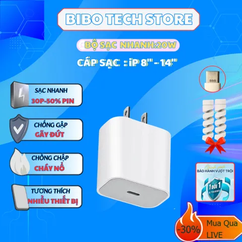 Bộ Sạc Nhanh 20W + Cáp Bọc Dù Cho IP15–17 Pro Max | Chống Gãy Đứt | An Toàn Pin – Bibo Tech Store