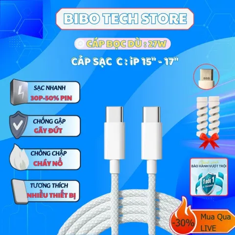 Bộ Sạc Nhanh 20W + Cáp Bọc Dù Cho IP15–17 Pro Max | Chống Gãy Đứt | An Toàn Pin – Bibo Tech Store