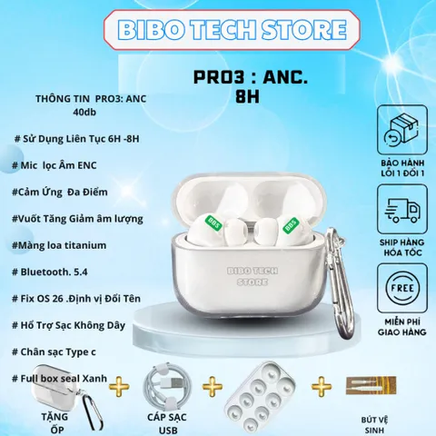 Tai Nghe Không Dây Pro3 ANC ~40dB | Chống Ồn Chủ Động | Âm Thanh Hay | Sạc Type-C