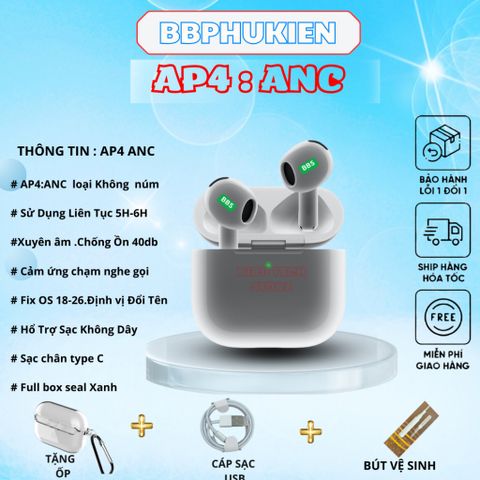 Tai Nghe Không Dây AP4| ANC Giảm Ồn | BT 5.3 | Mic ENC | Tặng Ốp + Cáp Sạc | Bảo Hành 6 Tháng