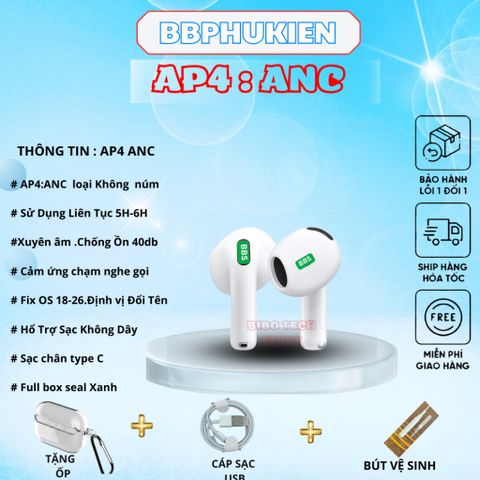 Tai Nghe Không Dây AP4| ANC Giảm Ồn | BT 5.3 | Mic ENC | Tặng Ốp + Cáp Sạc | Bảo Hành 6 Tháng