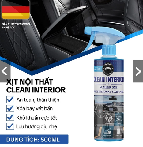 COMBO 2 CHAI RẺ HƠN 25% KHI MUA 1 CHAI. Xịt Vệ Sinh Nội Ngoại Thất Ô Tô CLEAN INTERIOR 500ml, Làm Sạch Khử Mùi Kính, Ghế Da Nỉ