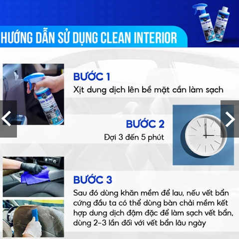 COMBO 2 CHAI RẺ HƠN 25% KHI MUA 1 CHAI. Xịt Vệ Sinh Nội Ngoại Thất Ô Tô CLEAN INTERIOR 500ml, Làm Sạch Khử Mùi Kính, Ghế Da Nỉ
