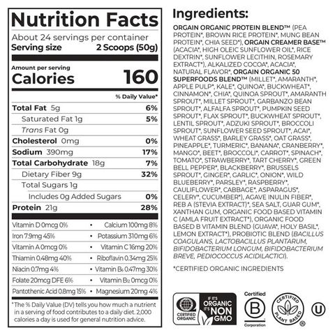 Bột Protein Hữu Cơ Orgain 1.2kg - Siêu Thực Phẩm Đậu Nành Chocolate Fudge Từ Mỹ, 21g Đạm Trong 1 Liều