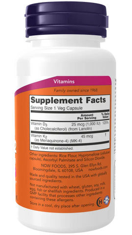 Viên bổ sung Vitamin D3 và K2 1000IU/45mcg Now Foods của Mỹ