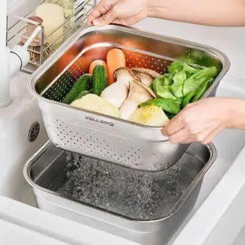 SET RỔ CHẬU INOX KELLER@ 32CM SIÊU TIỆN LỢI (1 chậu + 1 rổ vuông)