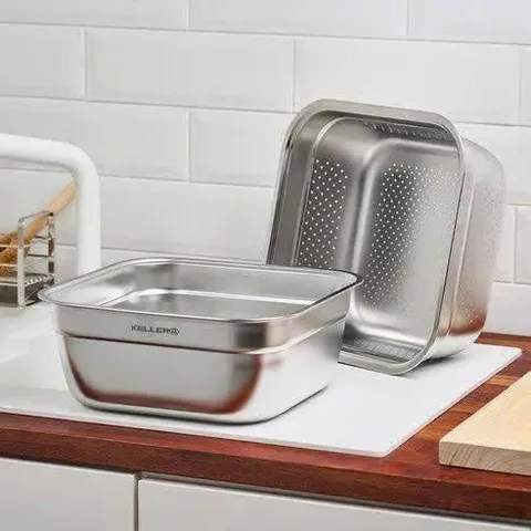SET RỔ CHẬU INOX KELLER@ 32CM SIÊU TIỆN LỢI (1 chậu + 1 rổ vuông)