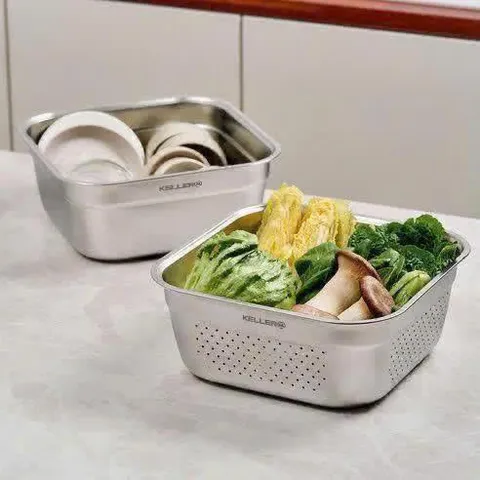SET RỔ CHẬU INOX KELLER@ 32CM SIÊU TIỆN LỢI (1 chậu + 1 rổ vuông)