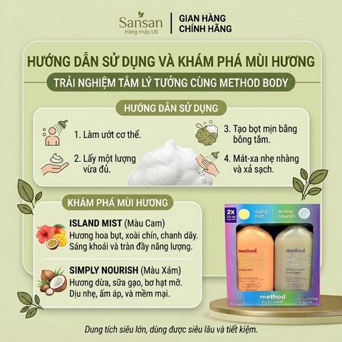 Combo 2 Sữa Tắm Method Body Island Mist & Simply Nourish, Dưỡng Ẩm Mềm Mịn, Hương Thơm Lâu 828ml x2 - Nội địa Mỹ