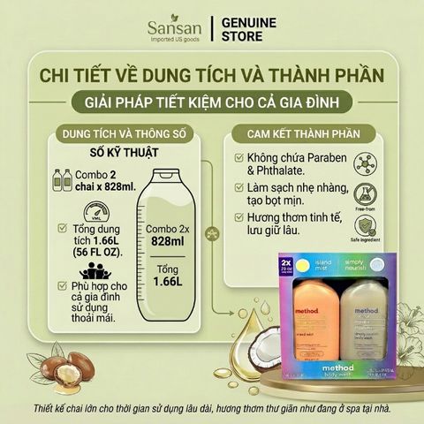Combo 2 Sữa Tắm Method Body Island Mist & Simply Nourish, Dưỡng Ẩm Mềm Mịn, Hương Thơm Lâu 828ml x2 - Nội địa Mỹ