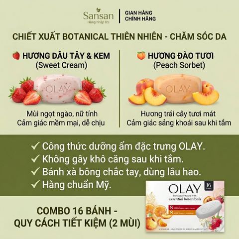 Xà Bông OLAY Bar Soap Combo 16 Bánh – Dưỡng Ẩm Mềm Mịn, Thơm Lâu | Dâu Tây & Kem + Đào