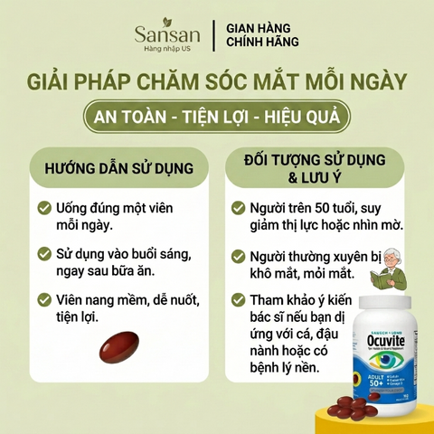 Viên Uống Bổ Mắt Bausch + Lomb Ocuvite Adult 50+ 150 Viên - Dinh Dưỡng Thiết Yếu Cho Mắt Người Già, Ngăn Ngừa Lão Hóa
