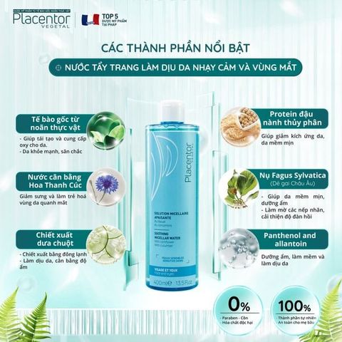 Nước Tẩy Trang Cho Da Nhạy Cảm Placentor Vegetal Solution Micellaire Apaisante Soothing Micellar Water