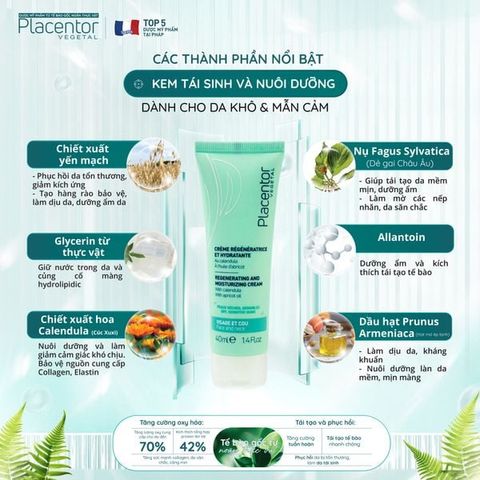 Kem Dưỡng Ẩm Làm Dịu Da Khô Placentor Vegetal Creme Regeneratrice Et Hydratante Regenerating And Moisturizing Cream